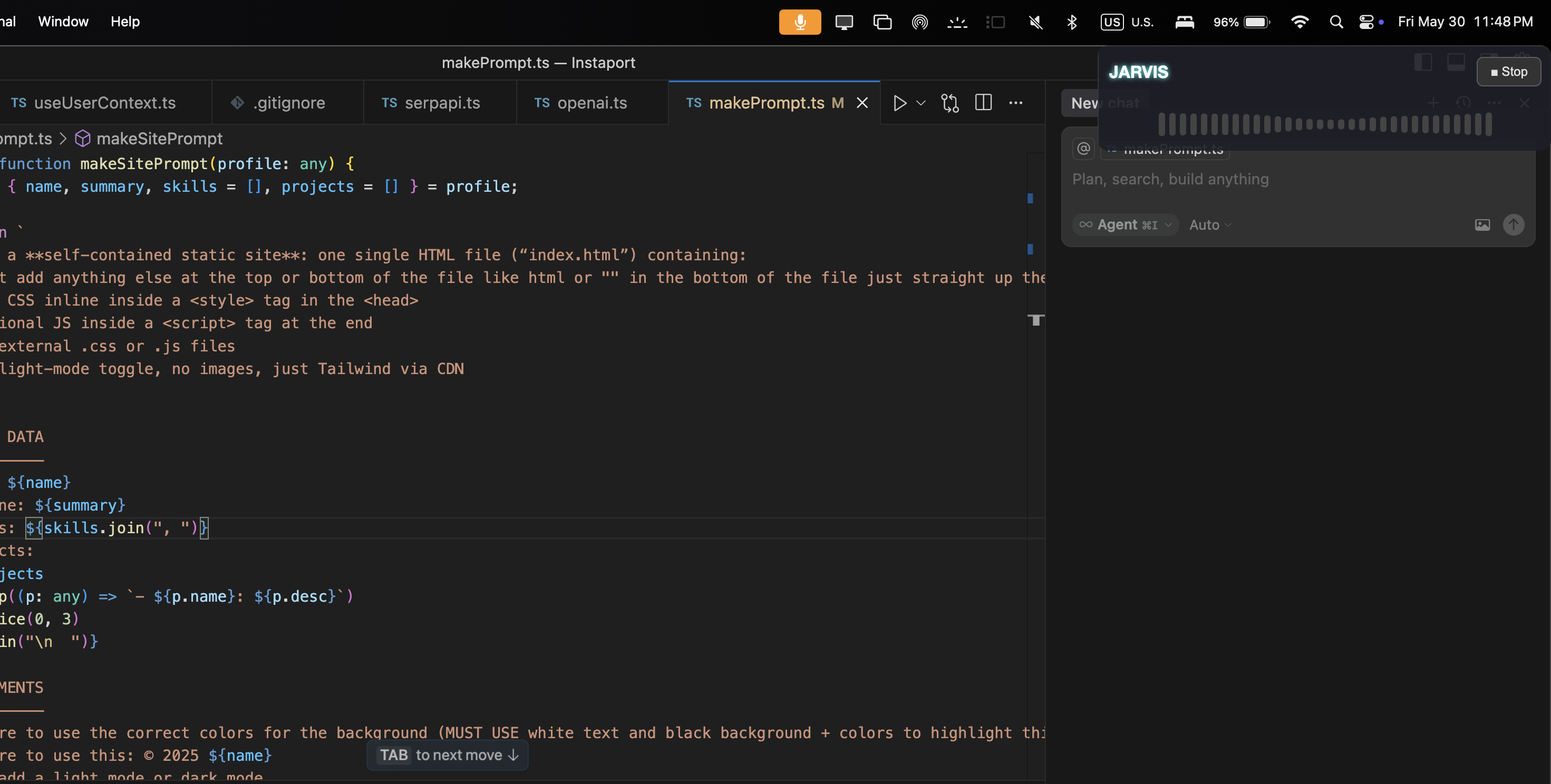 Jarvis AI assistant working alongside a code editor, showing real-time assistance and guidance